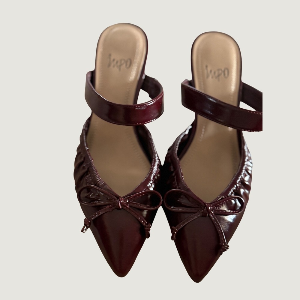 Impo Eva Burgundy Patent Pointed Toe Kitten Heels Mary Jane Bow Pumps 7M